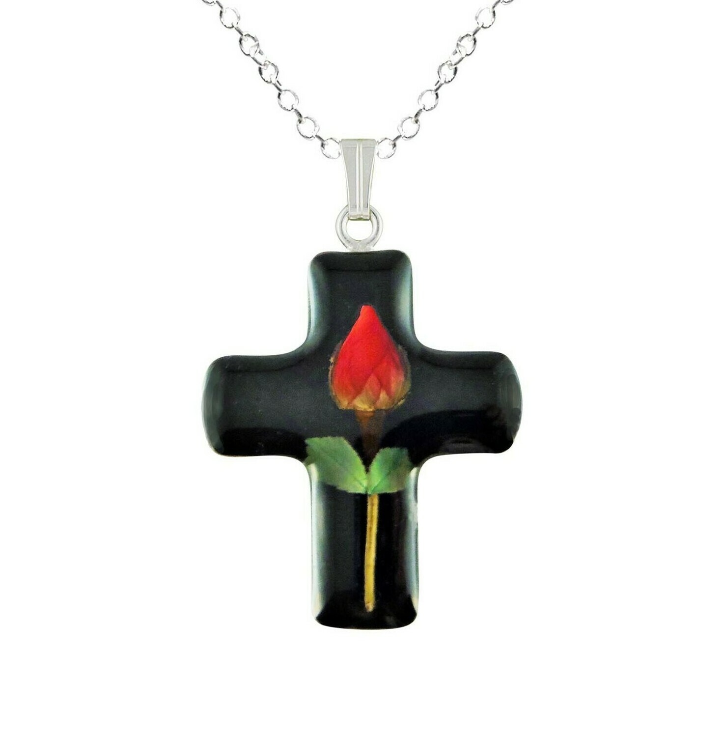 Rose Necklace, Medium Cross, Black background Rose Necklace, Medium Cross, Black background