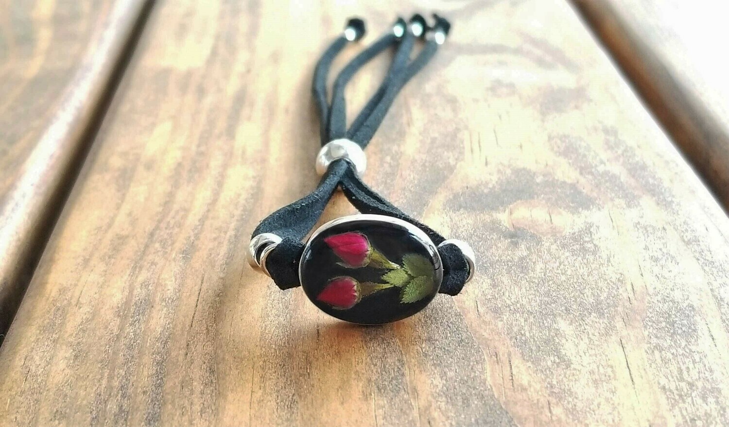 Roses Oval Leather Bracelet, Black Background