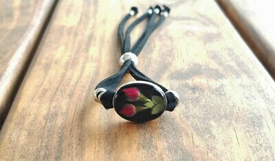 Roses Oval Leather Bracelet, Black Background Roses Oval Leather Bracelet, Black Background