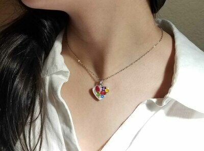 Rose &amp; Mix Flower Necklace, Small Heart, White Background