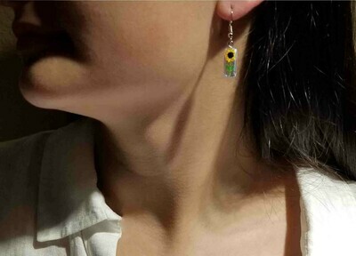 Sunflower Earrings, Rectangle, Transparent.