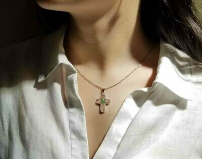 Real Clover Necklace, Medium Cross, Transparent