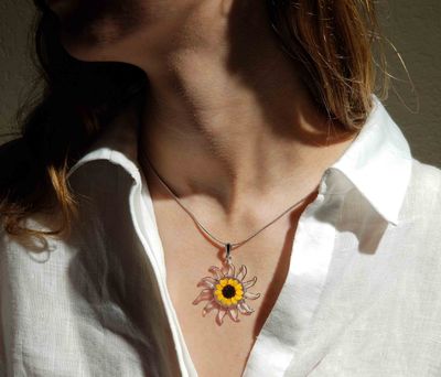Sunflower Necklace, Large Sun Pendant, Transparent