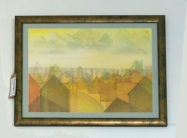 A semi abstract painting of a townful of houses