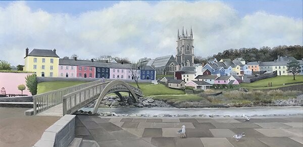 An original painting of the footbridge in the centre of Aberaeron with the main street and church in the background