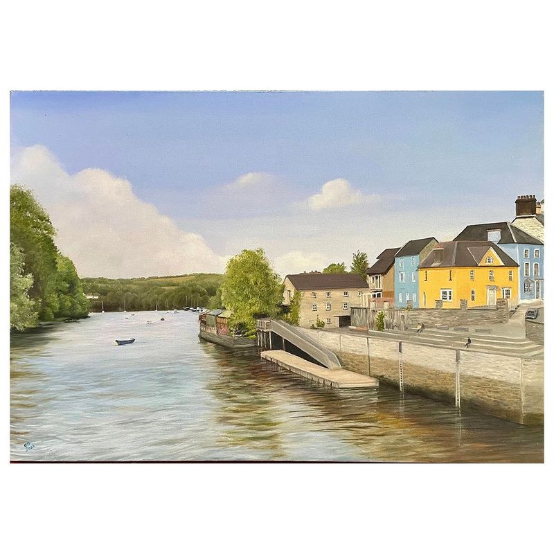 An original oil painting of Cardigan Quay as seen from the footbridge across the Teifi river looking towards St. Dogmaels