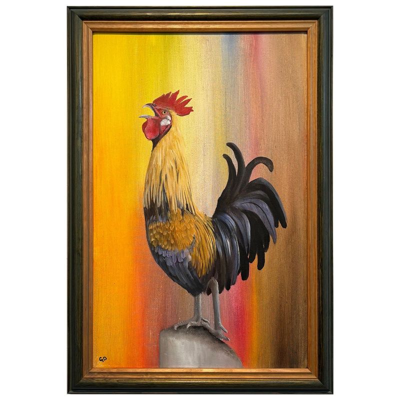 Original oil painting of a crowing cockerel in warm yellows and reds