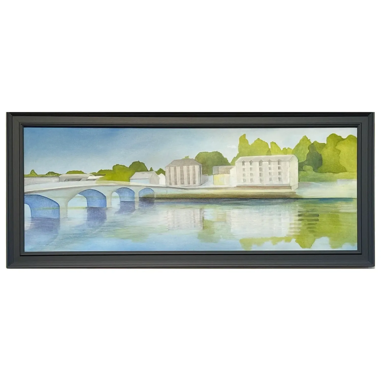 Original oil painting in semi abstract style of the Quay at Cardigan as seen from the opposite side of the river Teifi