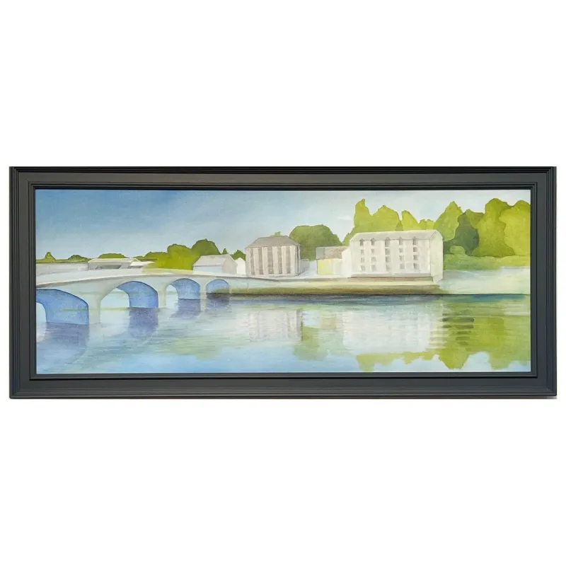 Original oil painting in semi abstract style of the Quay at Cardigan as seen from the opposite side of the river Teifi
