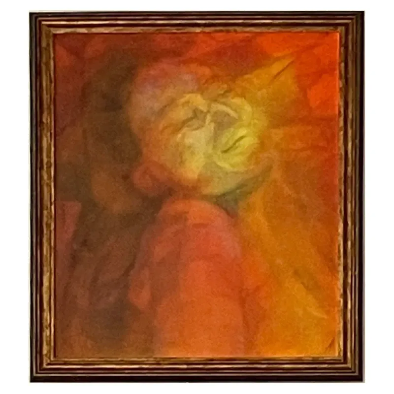 A semi-stylised modern realism painting of a woman in oranges, browns and yellows