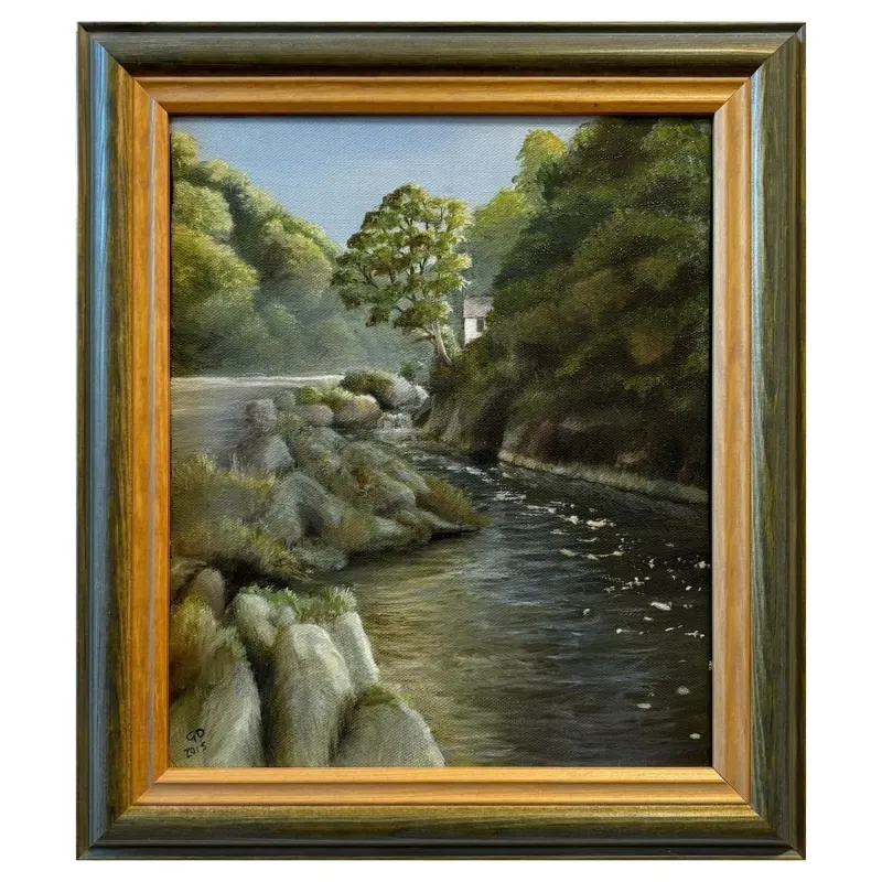 An original oil painting of Cenarth Falls looking upriver from under the bridge