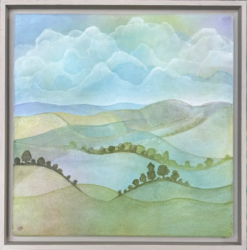 A semi-abstracted scene representing Welsh rolling hills​ near Aberystwyth