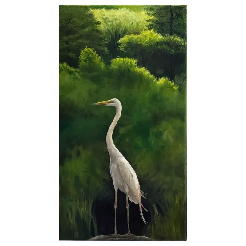 A detailed painting of a heron