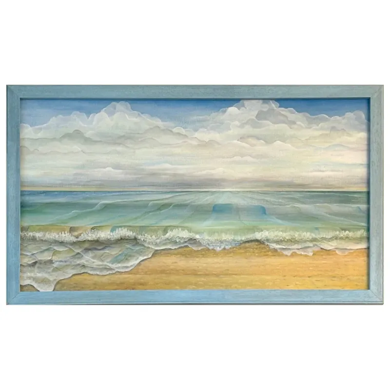 A large original semi abstract oil painting of waves at the sea's edge.