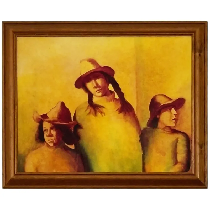 A restricted palette oil painting of a group of Peruvian children.