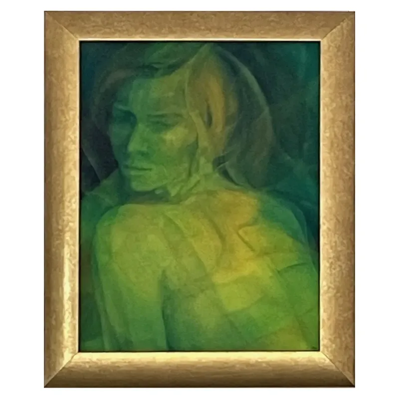 A semi-stylised modern realism painting of woman in greens