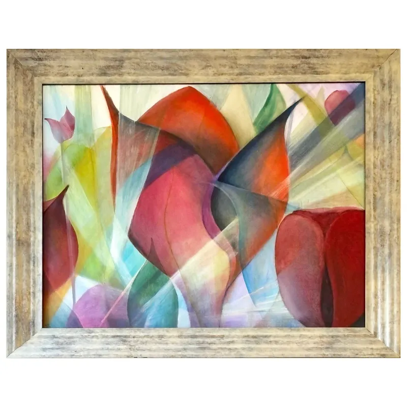 A beautifully framed semi abstract painting of a tulip 
