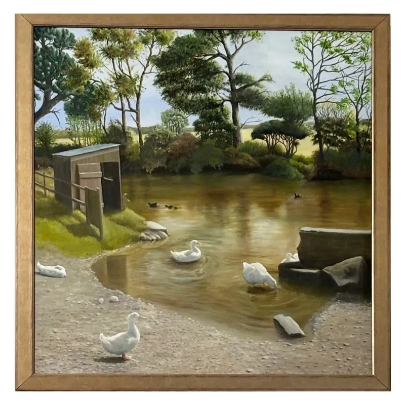 A large painting of geese at a pond