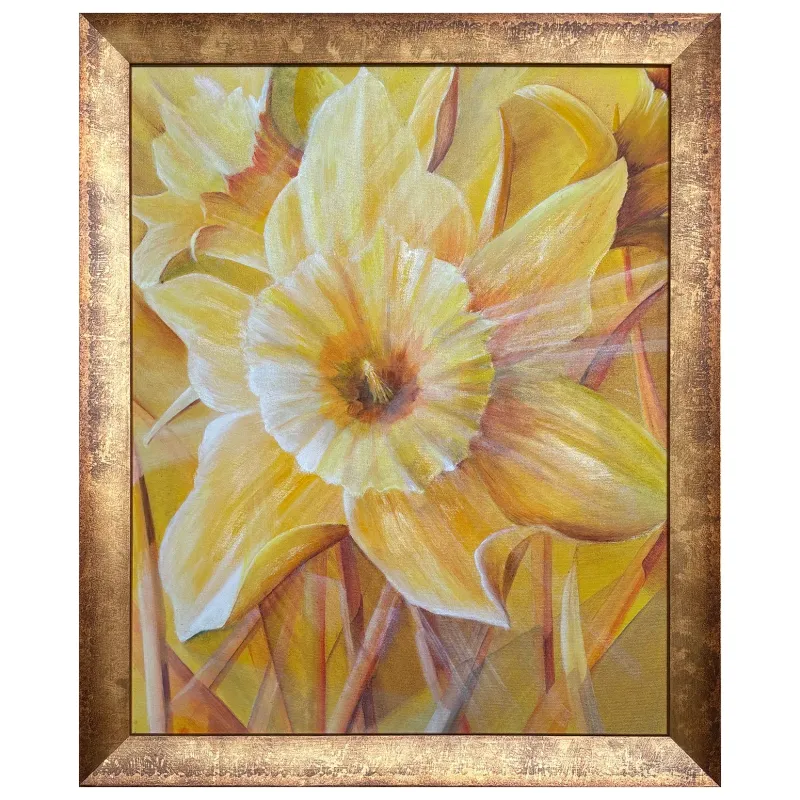 A semi-stylised modern realism painting of a daffodil in yellows and umbers