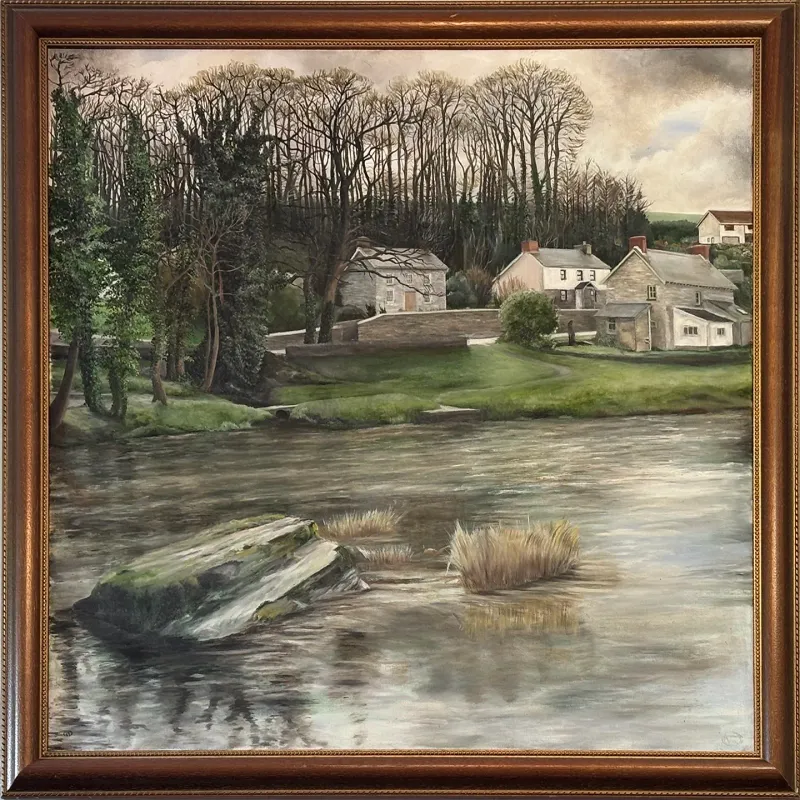 Original oil painting of the view across the Teifi at Cenarth Pool below the Fall