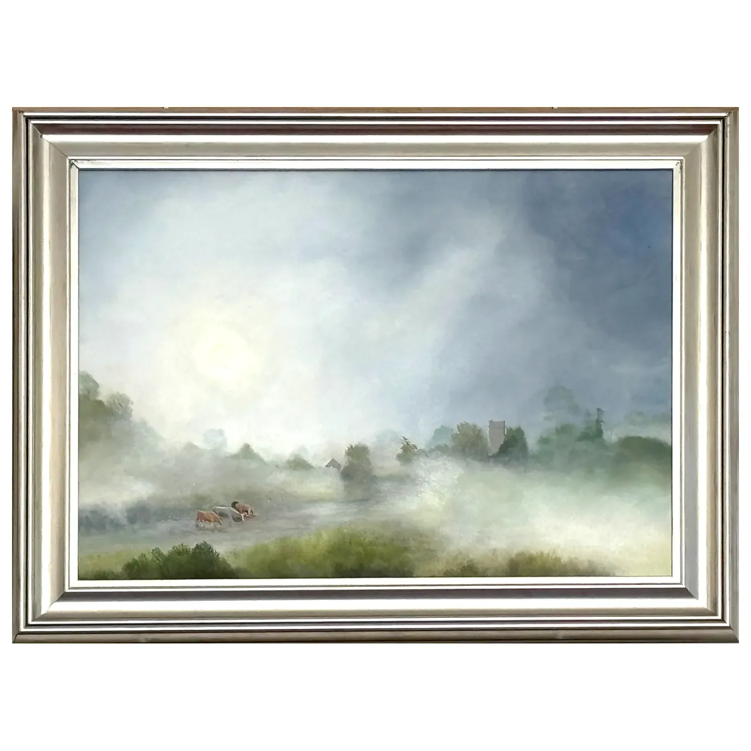 An original oil painting of the morning mist beside the river in Newcastle Emlyn