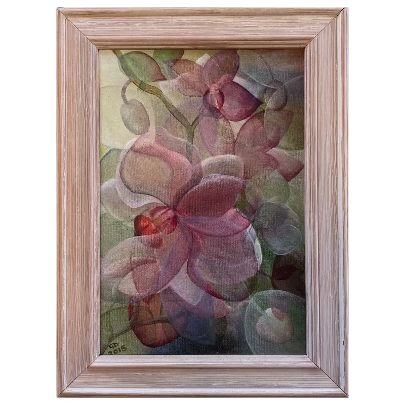 A semi-stylised modern realism painting of orchid flowers