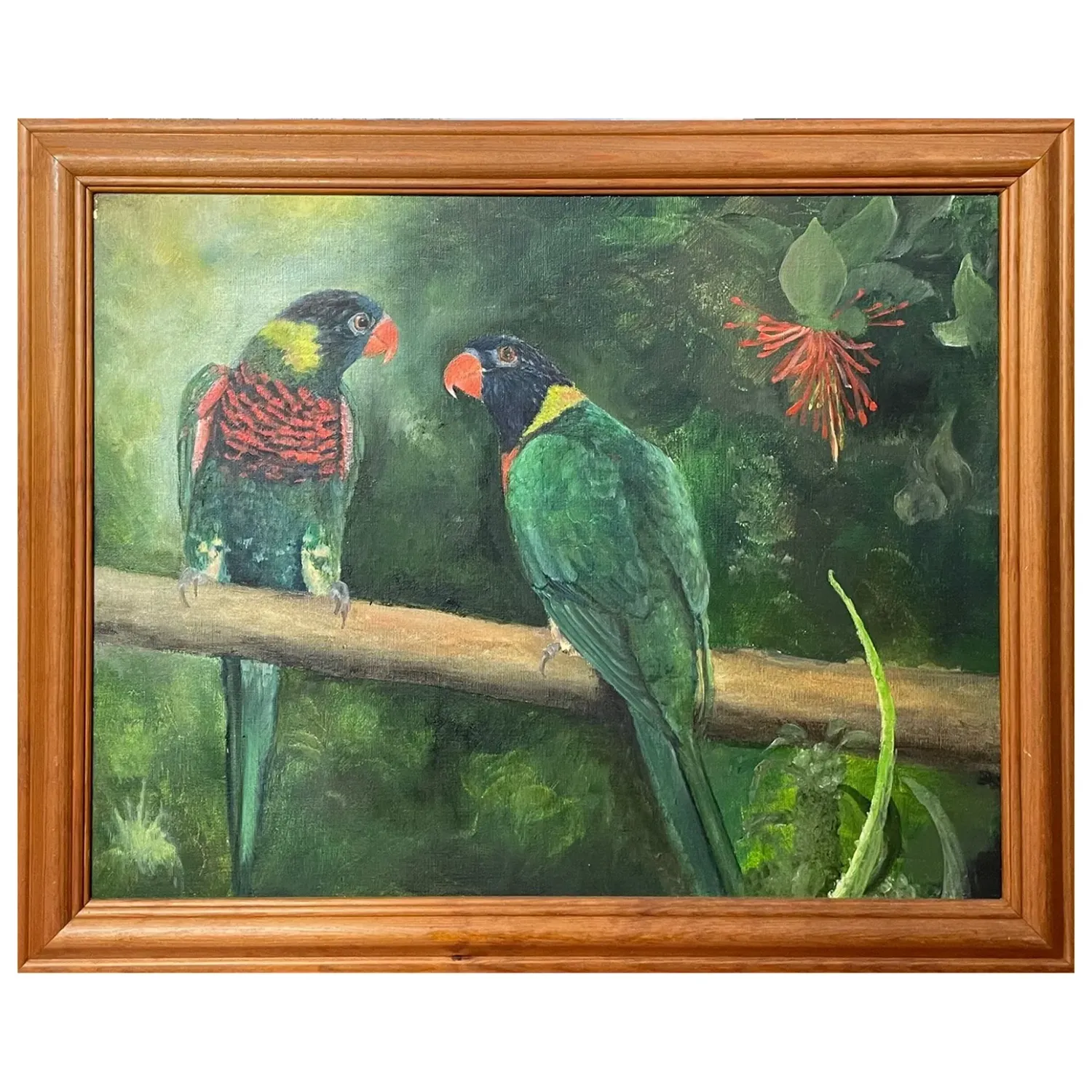An original acrylic painting of a pair of parrots