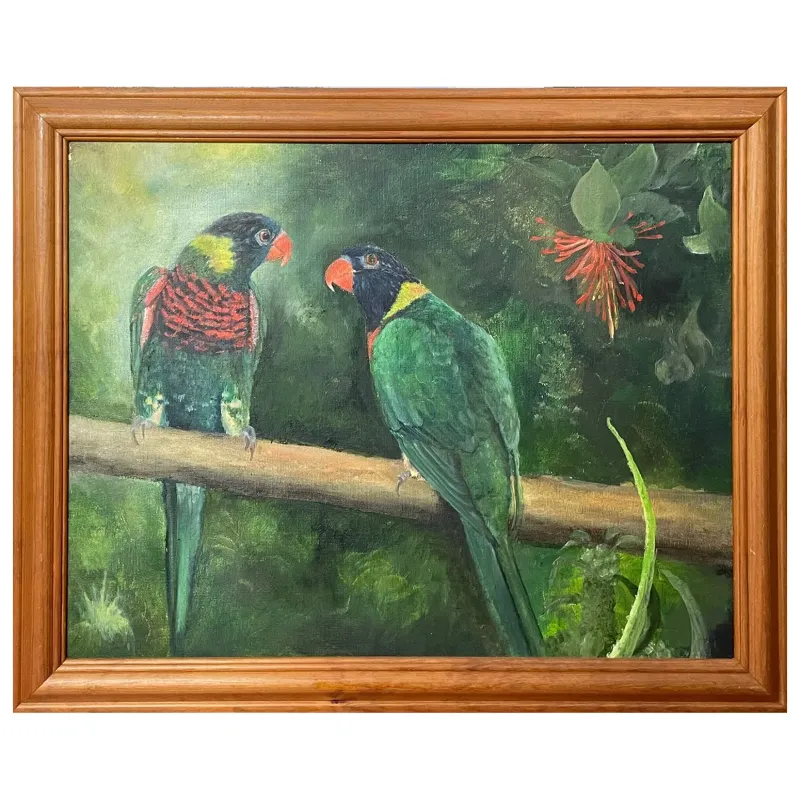 An original acrylic painting of a pair of parrots