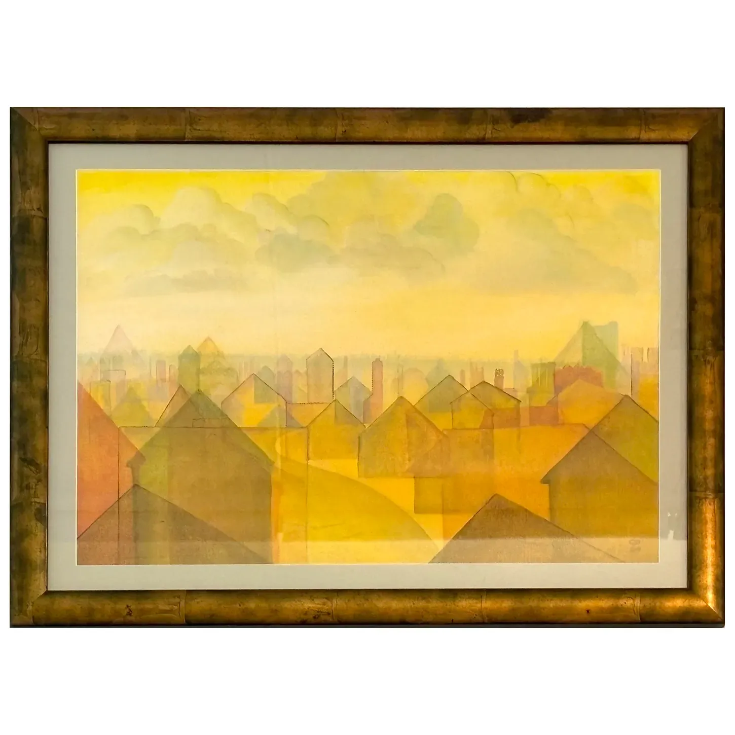 A semi abstract painting of a townful of houses