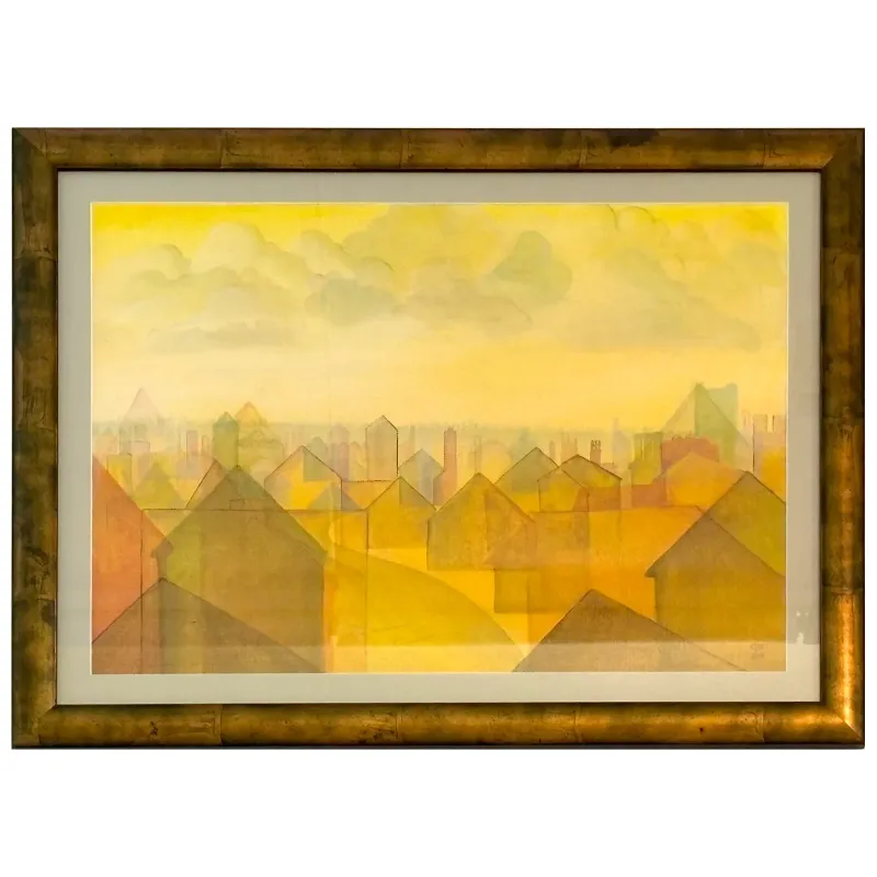 A semi abstract painting of a townful of houses