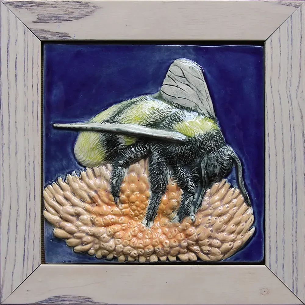 framed 15cm ceramic tile titled 'Bee on Aster 375' yellow, orange and navy blue