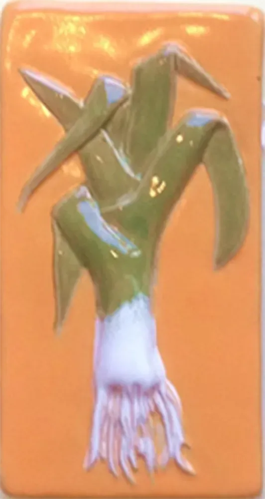 This is a framed ceramic feature tile titled "Leek" It is hand painted in orange and green glazes