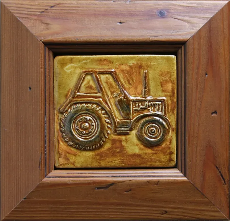 A framed 3" tile of a tractor. Just 6" x 6" or 15cm x 15cm with frame