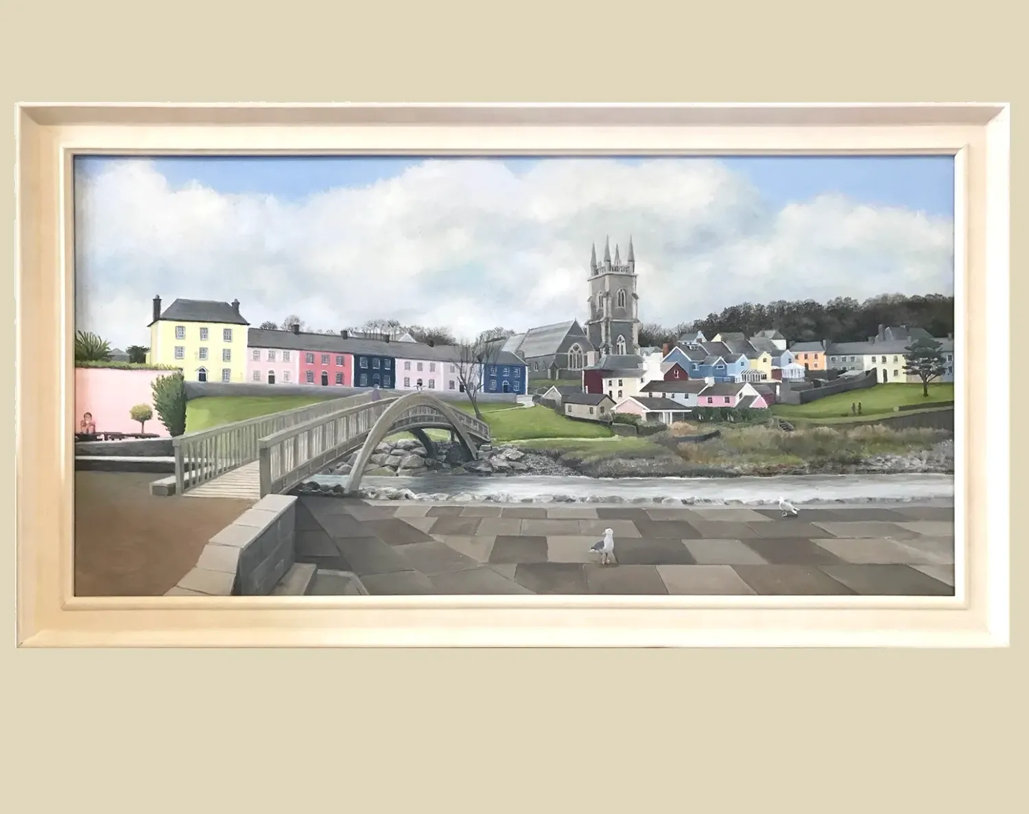 An original painting of the footbridge in the centre of Aberaeron with the main street and church in the background