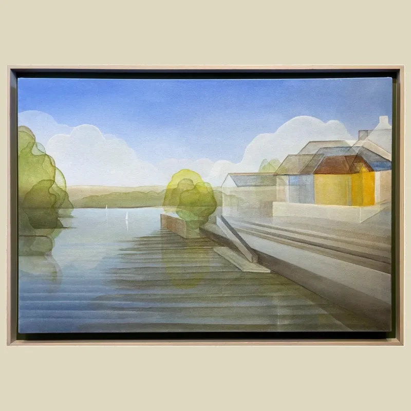 ​An abstracted view of Cardigan Quay as seen from the footbridge across the Teifi river looking towards St. Dogmaels