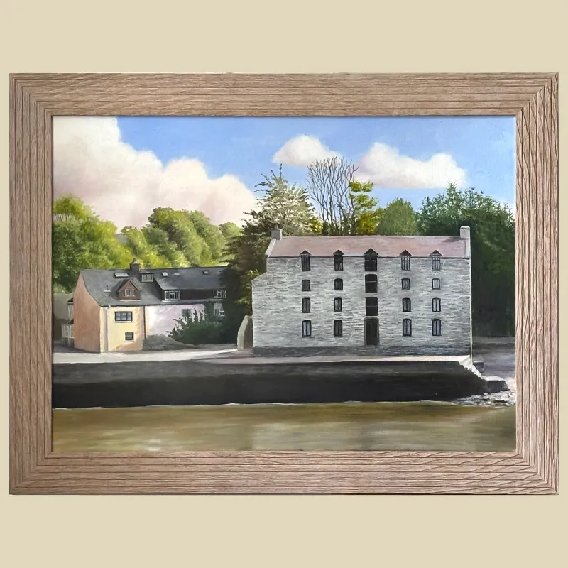 An original oil painting of Cardigan Quay as seen from the footbridge across the Teifi river looking towards St. Dogmaels