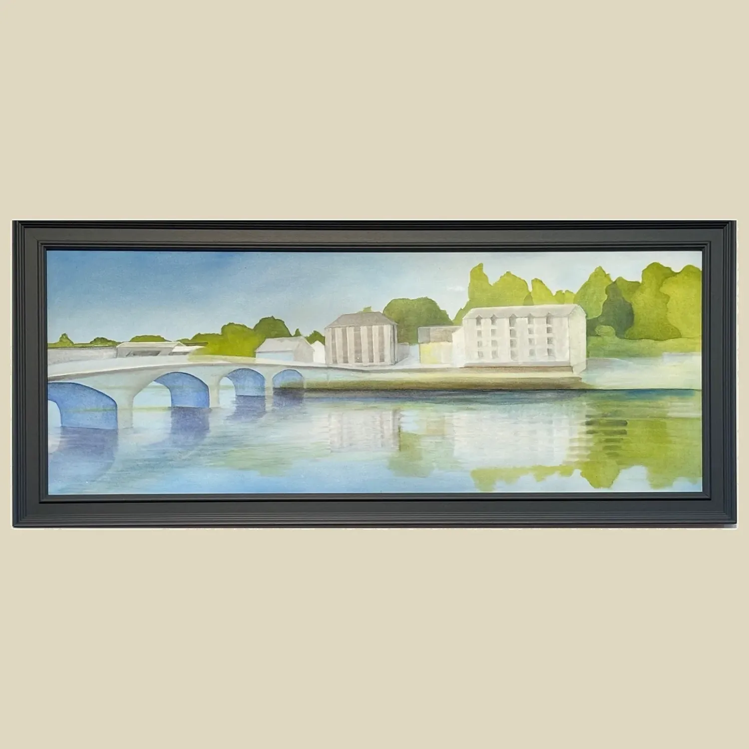 Original oil painting in semi abstract style of the Quay at Cardigan as seen from the opposite side of the river Teifi