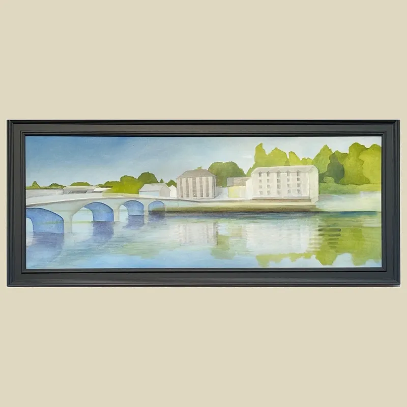 Original oil painting in semi abstract style of the Quay at Cardigan as seen from the opposite side of the river Teifi