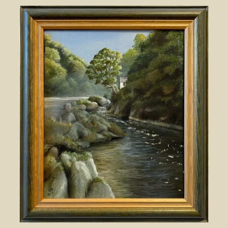 An original oil painting of Cenarth Falls looking upriver from under the bridge