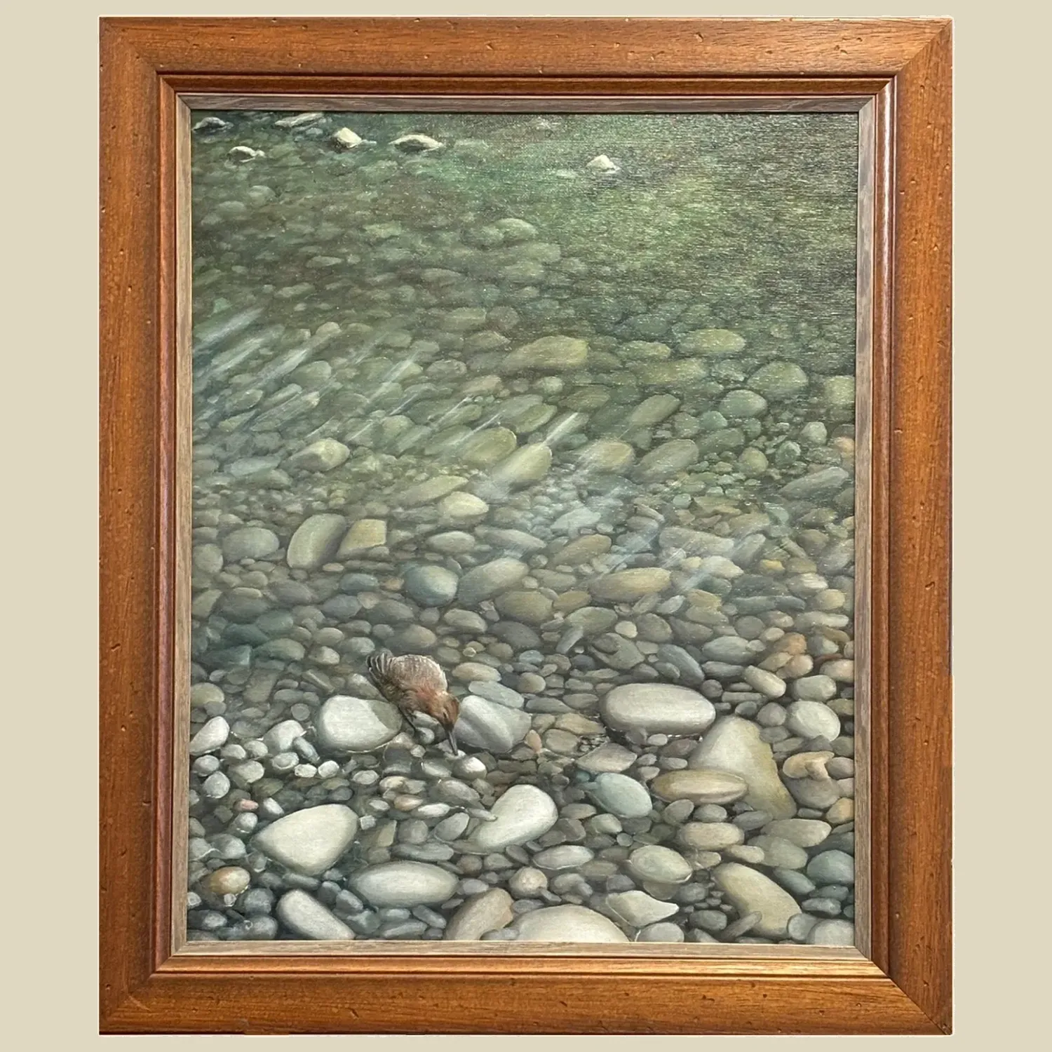 A beach pool with a Dunnock feeding amongst the pebbles.