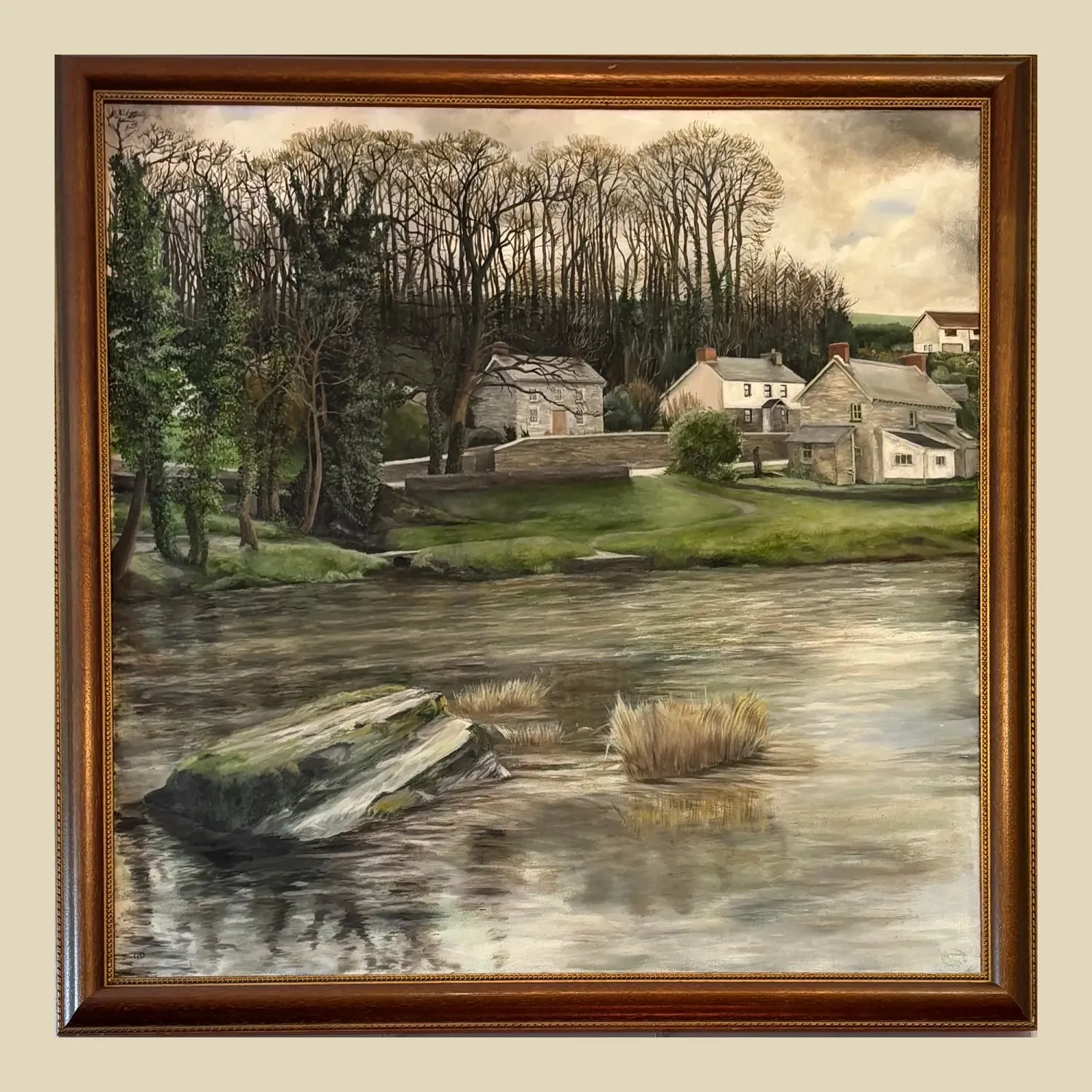 Original oil painting of the view across the Teifi at Cenarth Pool below the Fall