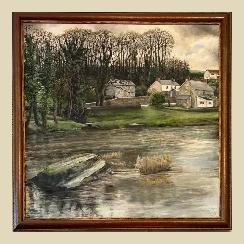 Original oil painting of the view across the Teifi at Cenarth Pool below the Fall