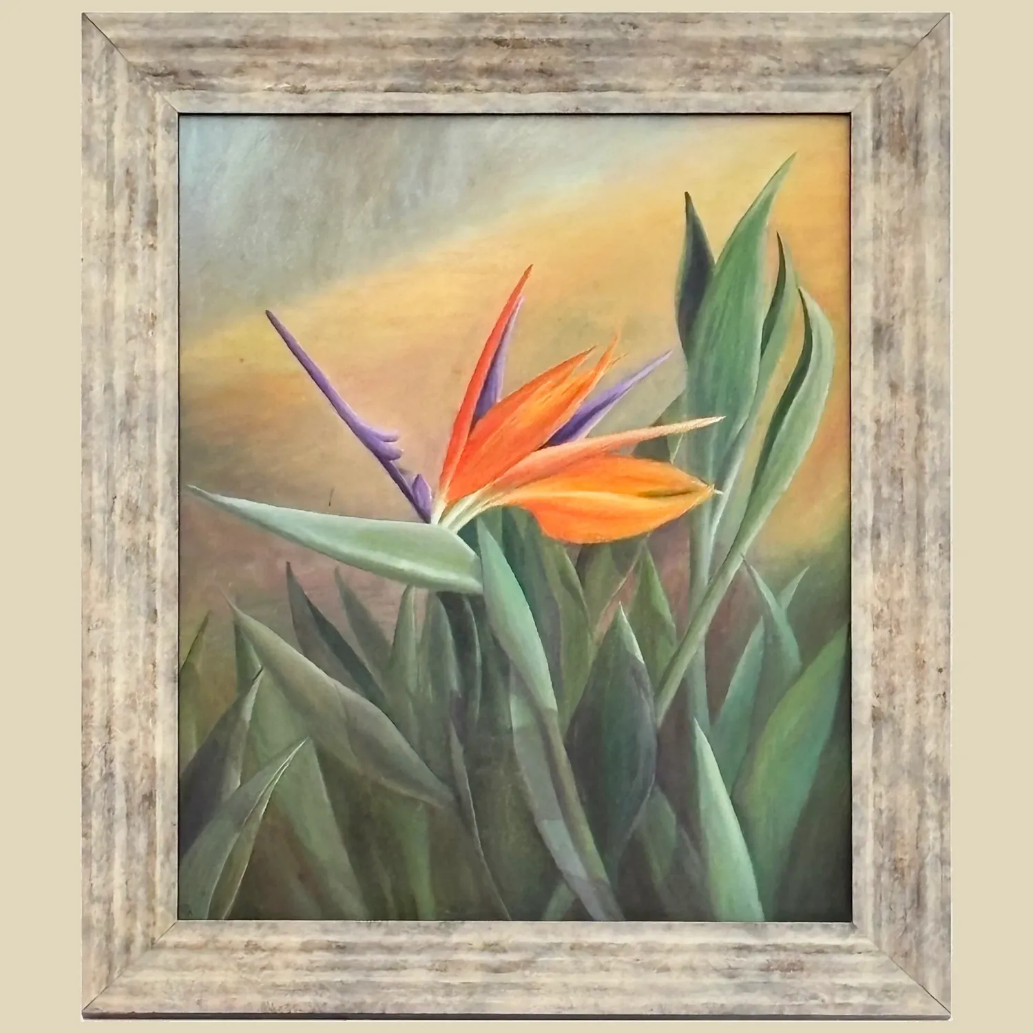 Semi stylised painting of a Bird of Paradise flower in soft greens and oranges
