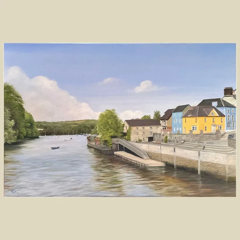 An original oil painting of Cardigan Quay as seen from the footbridge across the Teifi river looking towards St. Dogmaels