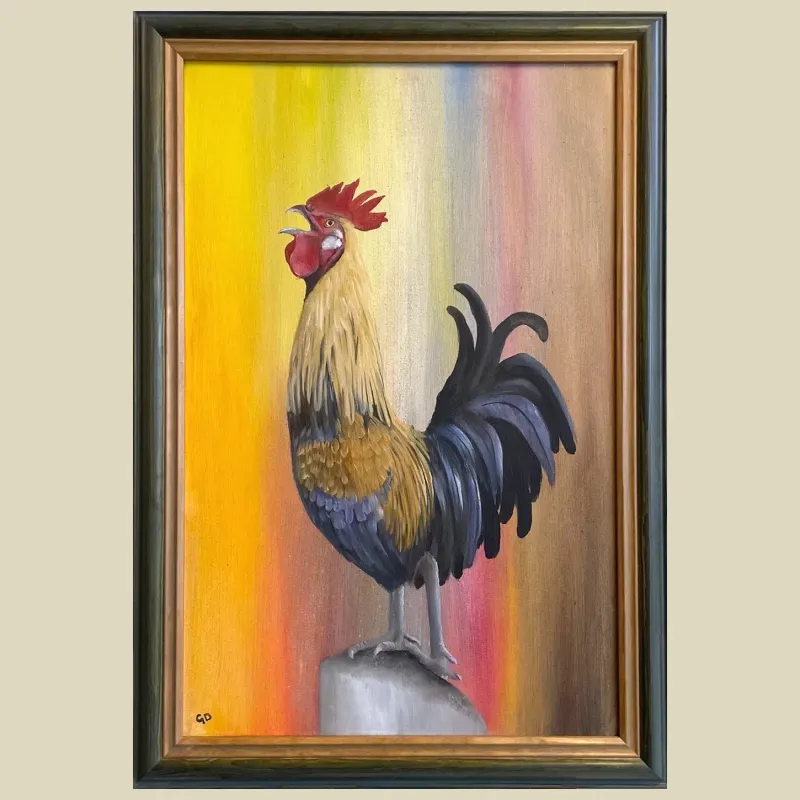 Original oil painting of a crowing cockerel in warm yellows and reds