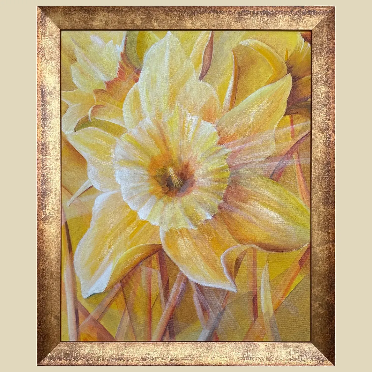 A semi-stylised modern realism painting of a daffodil in yellows and umbers