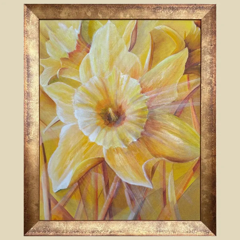 A semi-stylised modern realism painting of a daffodil in yellows and umbers