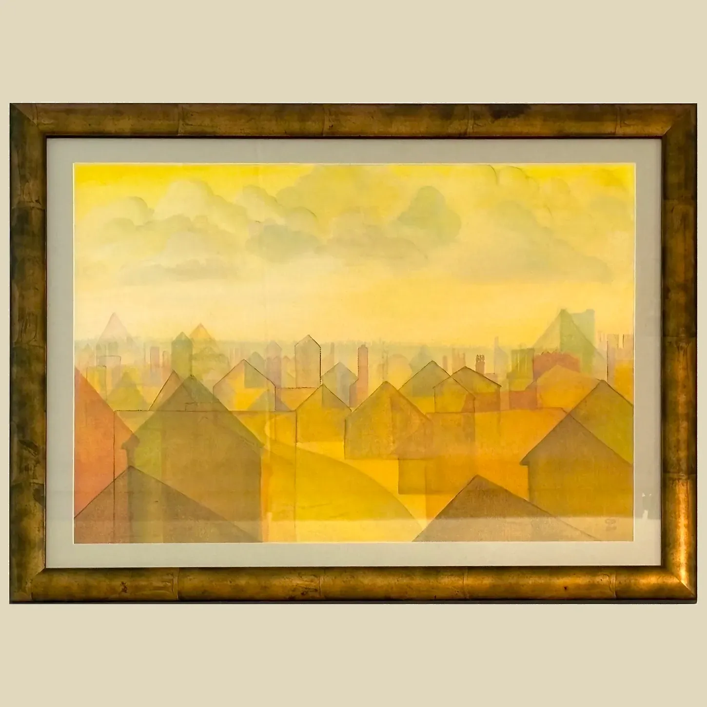 A semi abstract painting of a townful of houses