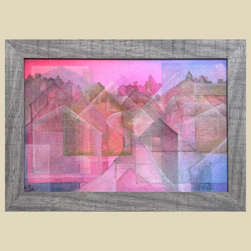 Original oil painting of first impressions of a town at dusk