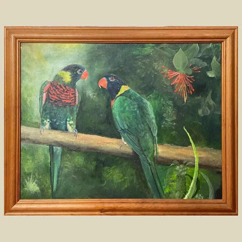 An original acrylic painting of a pair of parrots